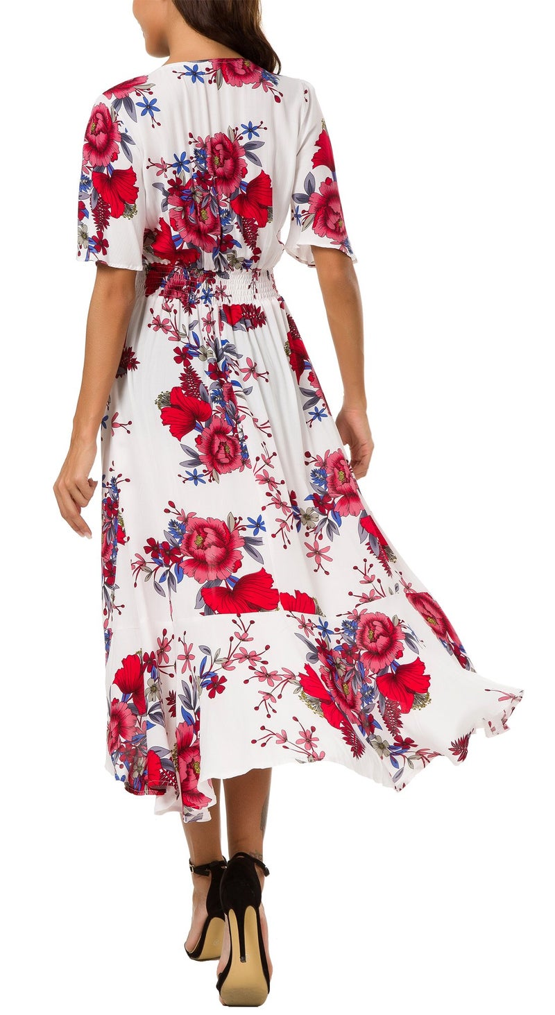 Kormei Womens Short Sleeve Floral Maxi Dress High Low V-Neck Flowy Party Long Dresses XL White - Image 2